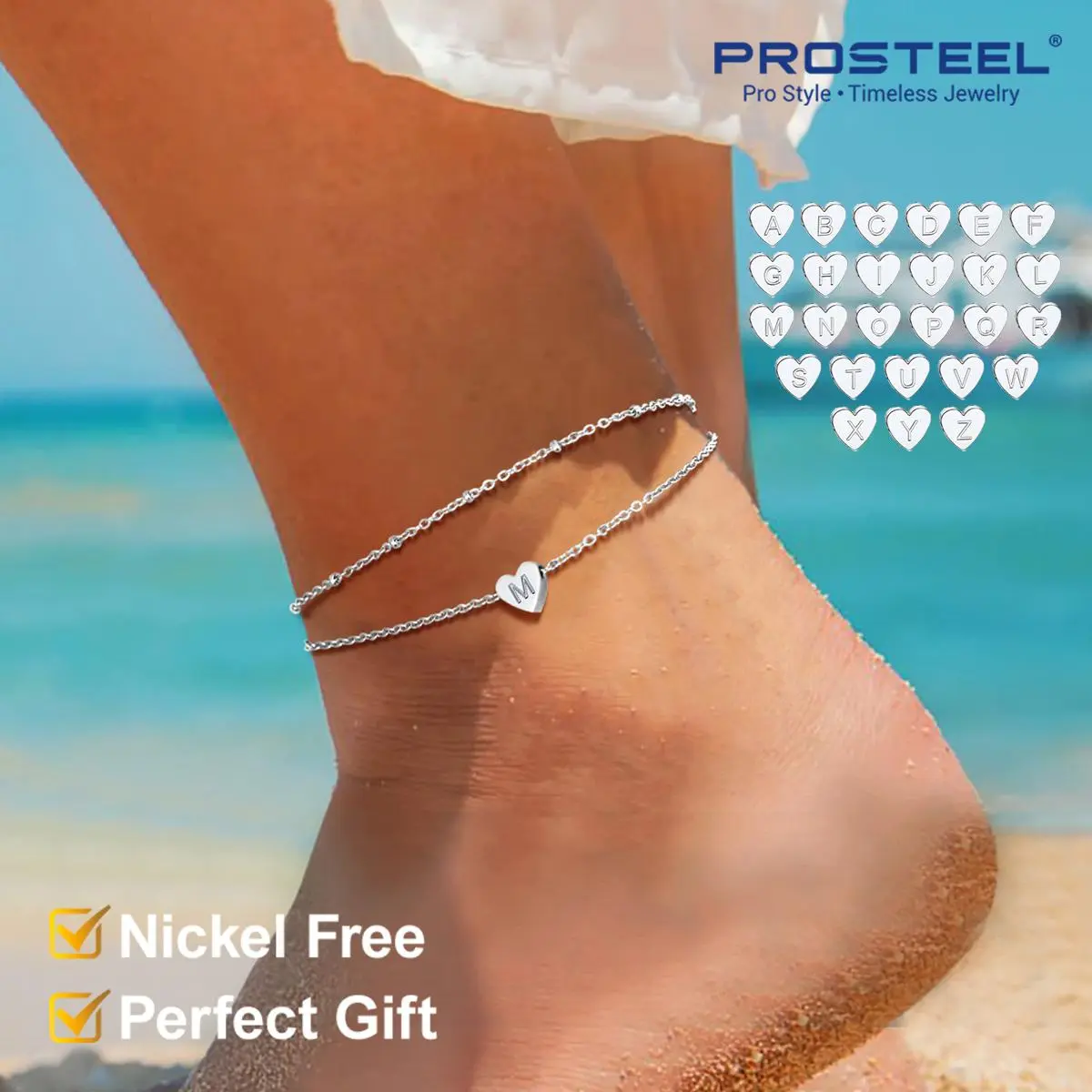 PROSTEEL Initial Heart Charm Anklet 26 Letters Double Layers Stainless Steel Chain Unique Design Anklet 8-10.5 Inch Adjustable For Women Gift Box PROSTEEL Initial Heart Charm Anklet 26 Letters Double Layers Stainless Steel Chain Unique Design Anklet 8-10.5 Inch Adjustable For Women Gift Box
