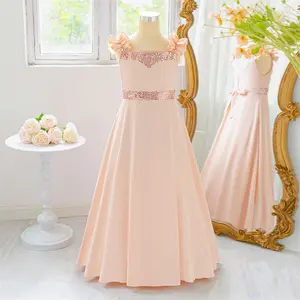 7-12Y Peach Pink 635 Kids Clothes Flower Girls Princess Long Ball Gown Sequins Frock Children Formal Evening Party Banquet Pageant Prom Host Cocktail Dress