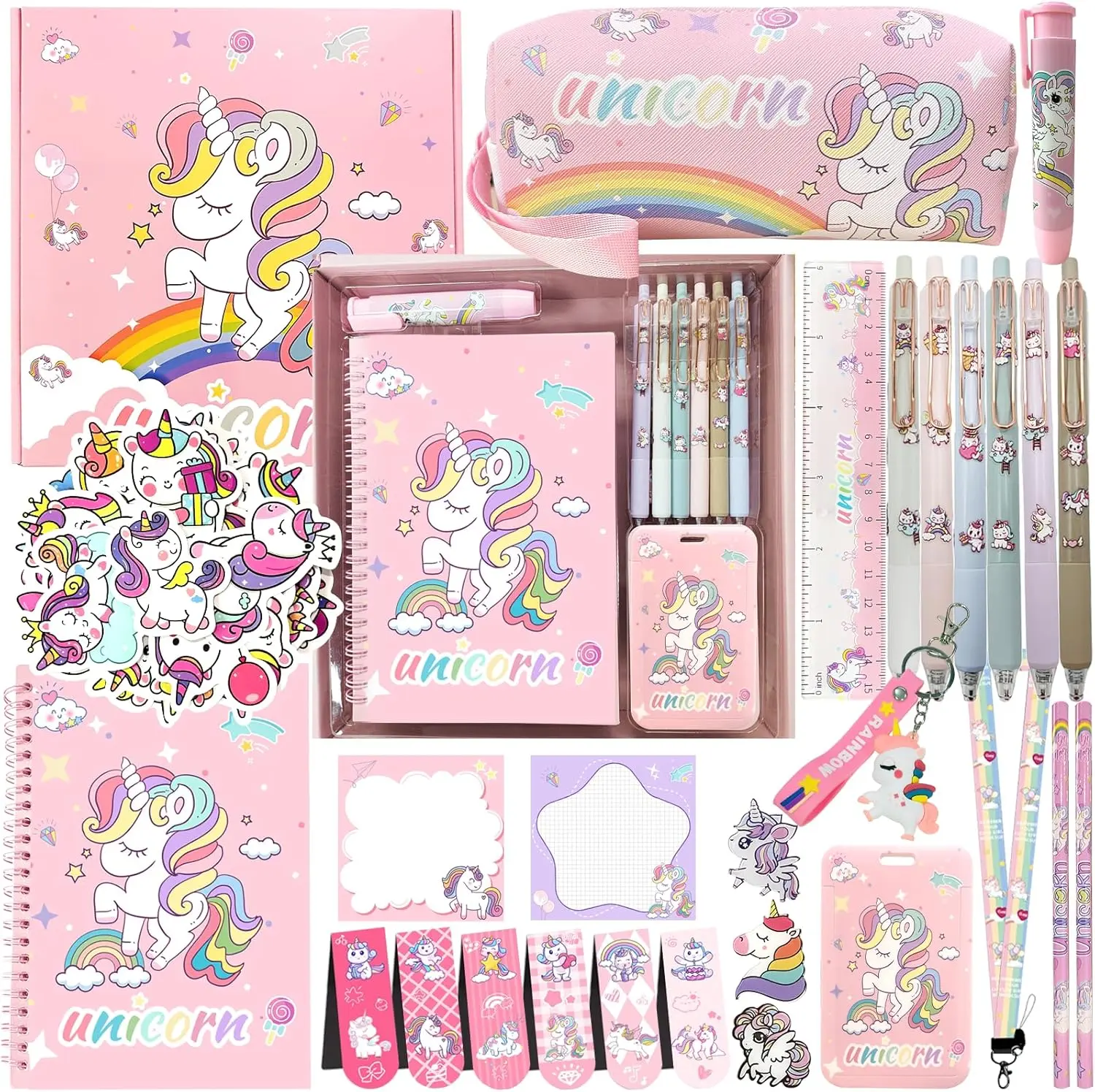 Unicorn cute School Supplies Kawaii Stationery Present Set , Including Ballpoint Pens, Pencil Case, ID Badge Holder, Stickers, Key Chain, A5 Notebook, Bookmark, Eraser, Ruler for Girls Teens