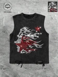 Men's Sleeveless Short Crewneck Vest, 100% Cotton Comfortable Breathable Star Rhinestone Vest, Y2K Sparkling Summer Casual Vest