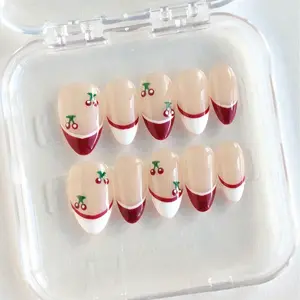 10pcs Christmas Cherry Short Almond Handmade Press-On Nails,Gorgeous And Cute Nail Art,Red And White Double French Tips Nails,Sweet Style,Nail Supplies,Fake Nails,Suitable For Women's Parties, Dances, Daily Casual Wear
