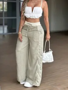 Y2K Light Greenish-Gray High Waist Drawstring Wide Leg Pants, European And American Loose Casual Chic Pants, Spring/Summer Versatile Slimming Straight Leg Wide Pants