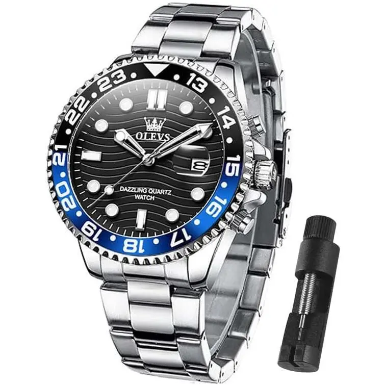 OLEVS Aqua Blue Dial Stainless Steel Quartz Luxury Watch Amazon.com: OLEVS Blue Watch for Men Moon Phase Business  main image 2