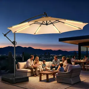 【SummerVibes】 10ft Offset Outdoor Patio Umbrella with Base & Solar Light, Adjustable UPF 50+ UV Protection, Easy Tilt & Crank, Patio Umbrella for Garden, Backyard & Poolside