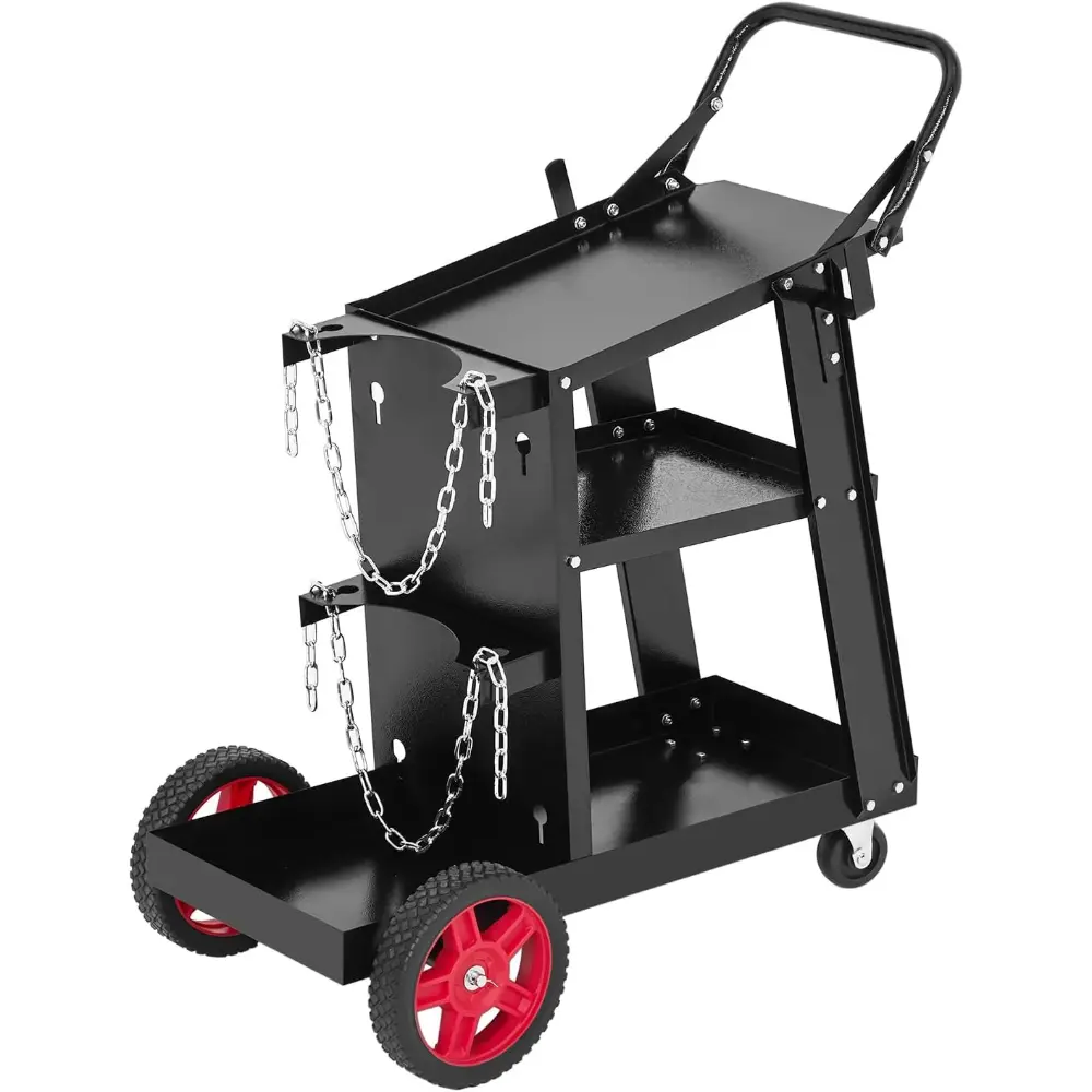 3-Tier Heavy Duty Carbon Steel Metal Welding Cart - Rolling Design with Handle, Gas Holder, 2 Safety Chains, Side Hooks, 220 lbs Capacity for MIG/TIG Welders, Arc Welders, Plasma Cutters, Gas Cylinder Haul, Convenient Organization
