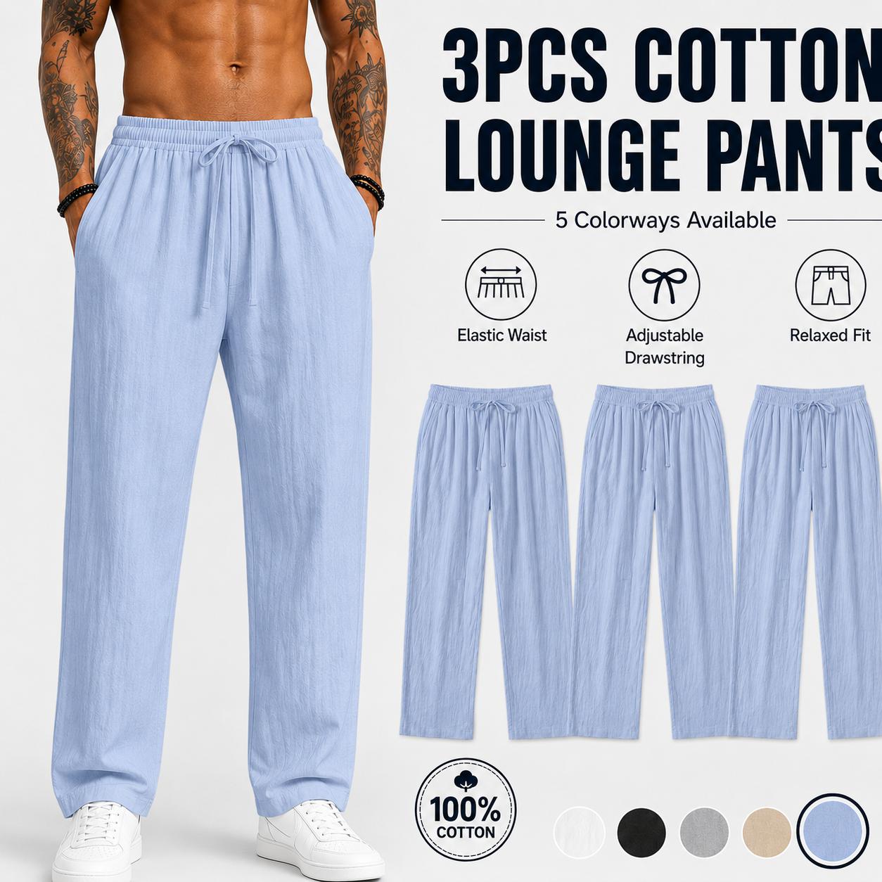 3-pack men’s casual pants, 100% cotton-linen comfortable, soft, breathable, lightweight drawstring pants with pockets, suitable for summer everyday wear, sports, leisure, and outdoor beach activities.