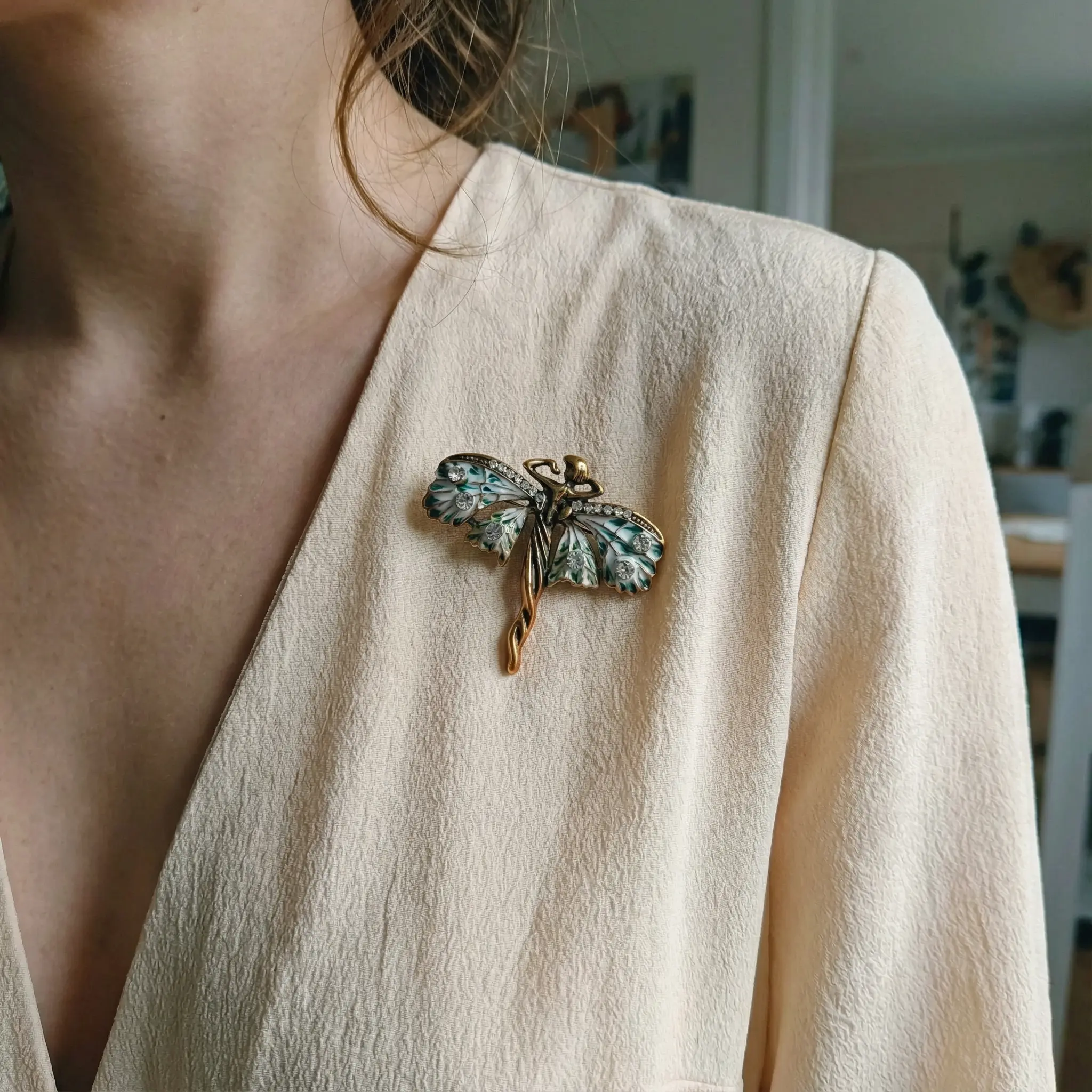 Paper & Quartz Art Nouveau Fairy Brooch Vintage Enchanted Enamel Wings Rhinestones Antique Gold-Tone Pin 1.8" x 1.6"