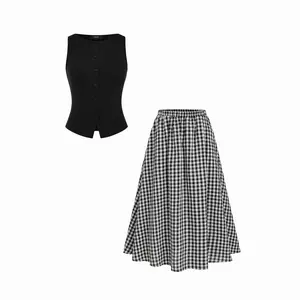Cider Cotton Button Top &  Gingham A-line Maxi Skirt Set