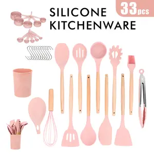 33PCS Silicone Kitchen & Baking Utensil Set - Non-Stick Spatula Set with Wooden Handle & Storage Holder