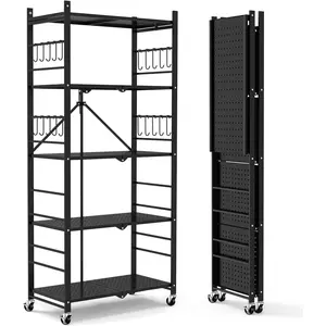 Himix Storage Shelves with 20 Hooks, 5-Tier Collapsible Organization Storage Rack Bookshelf Folding Pantry Shelves Cube Shelf Wire Shelving Holds 440 Ibs for Garage Kitchen Room