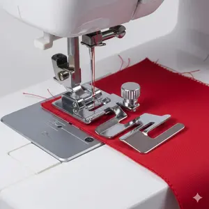 Adjustable Anti-Slip Lace Stitching Presser Foot for Sewing Machines. Designed for Elastic Fabrics, Compatible with Light Cotton, Denim & Multiple Materials. Ideal for DIY Sewing & Craft Projects.
