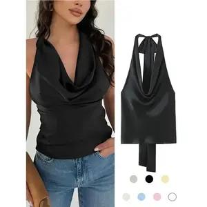 Women's Backless Satin Top, Loose-Fit Thin Fabric, Summer Sleeveless Blouse, Elegant Neckline Design, Perfect for Casual Wear