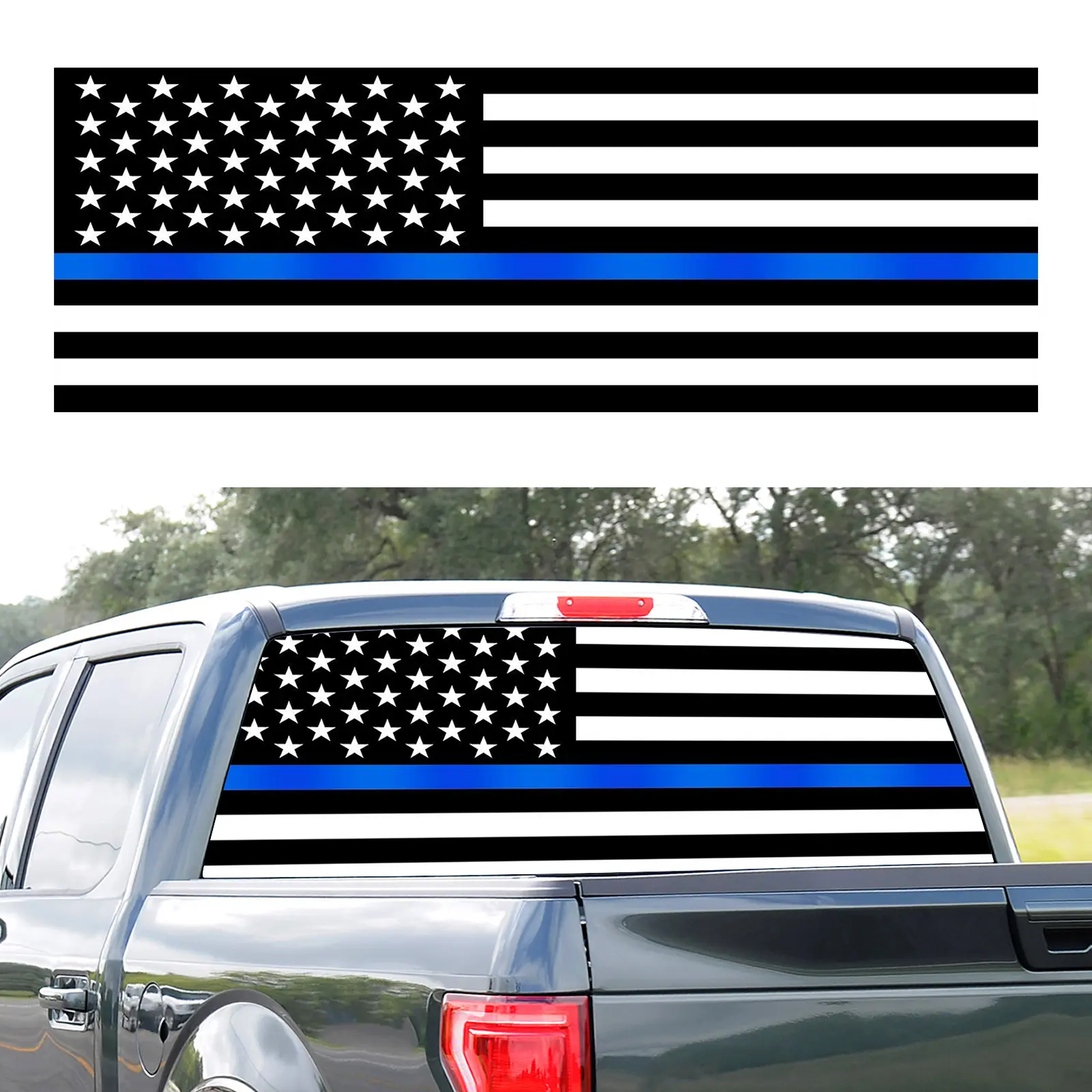 65"x19.5" See-Through American Flag Rear Windshield Sticker - Glueless, Eco-Friendly Vinyl Waterproof Decals with Black & Blue Stripes, Universal for Pickup Trucks, SUVs (Toyota, Dodge)