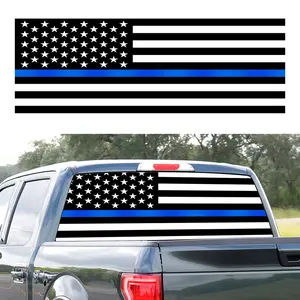 65" x 19.5" American Flag Rear Windowshield Decal Sticker Truck Back Window Vinly Sticker Decoration See Through Rear Decal Wrap Tint Universal Fit Most Pickup Truck SUV Black with Blue Stripes For Toyota Dodge Ford Chevy