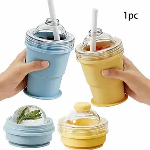 2-in-1 Foldable Ice Hockey Cup, Leakproof Lid with Straw, Portable for Coffee, Juice, Camping/Hiking,Portable Foldable Ice Hockey Cup