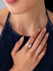 14K Gold Plated Toi et Moi Engagement Ring for Women - Pear & Emerald Cut Promise Rings - Statement Wedding Ring