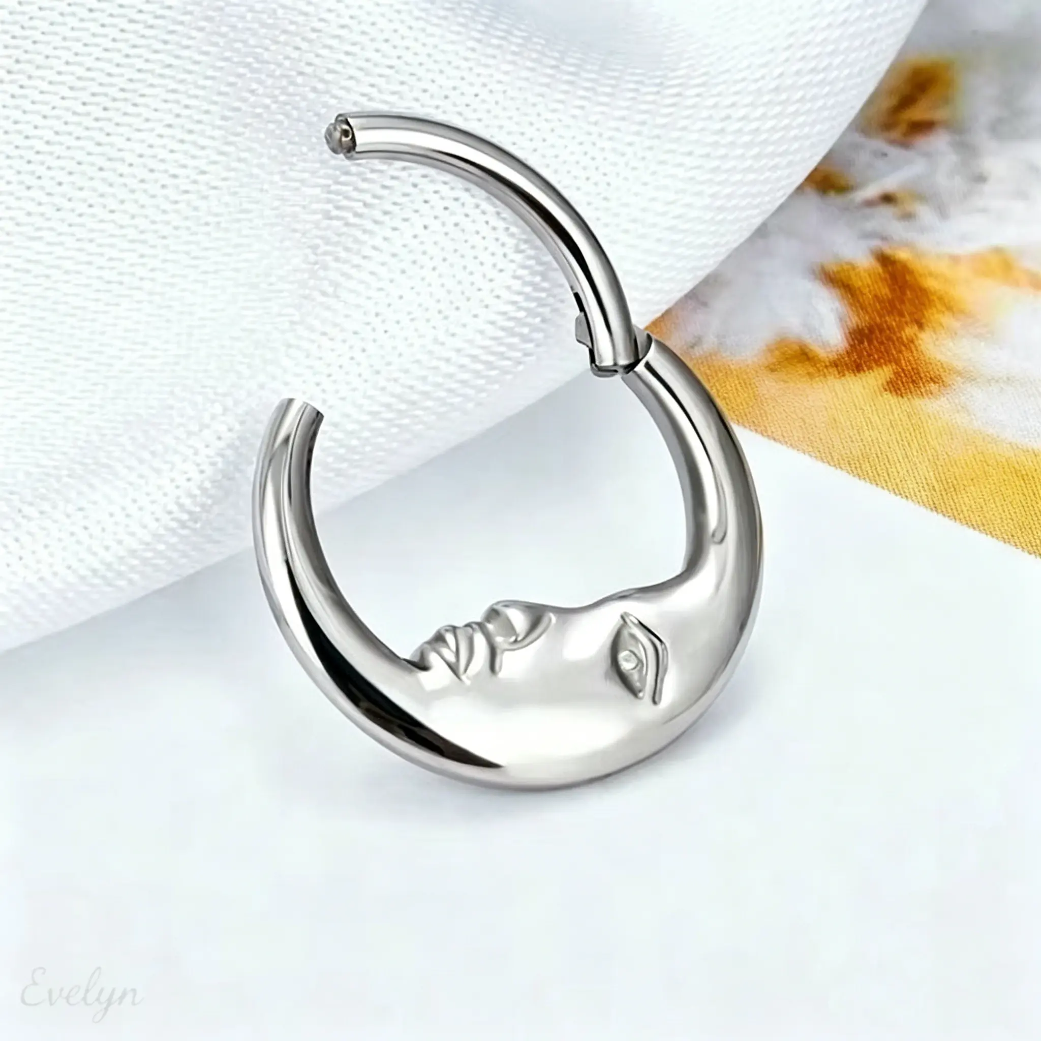 Moon Face Seamless Clicker Nose Ring, 1.2mm Surgical Steel Hoop, Silver/Gold Tone Piercing Jewelry for Septum, Cartilage & Tragus, 8/10mm Diameter