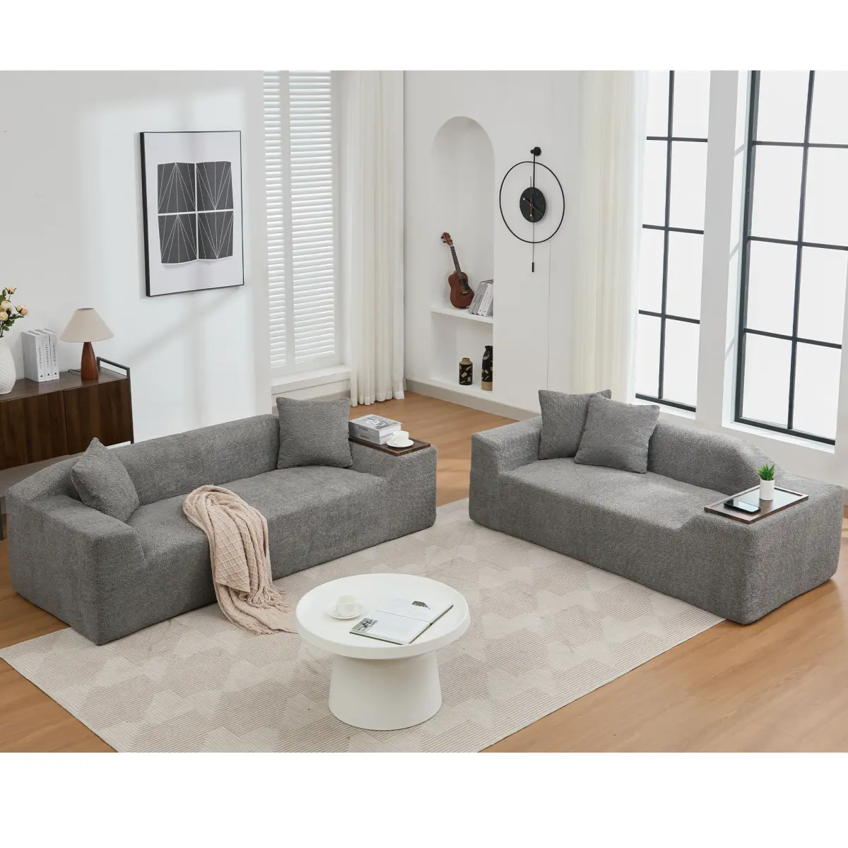 Elegant Ergonomic 2 Piece Boucle Cloud Sofa Set, Upholstered Sofa Set, Modern 3 Seater And 2 Seater Sofa With MDF End Table For Living Room ,Apartment,3+2 Couch,Boucle,Dark Gray#Summervibes