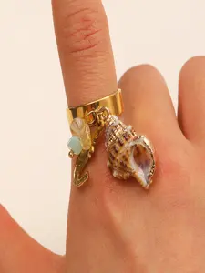 Adjustable Star Natural Seashell Crystal Bead Ring, Elegant Graphic Design, Perfect for Daily Wear, Summer Beach Party Accessories