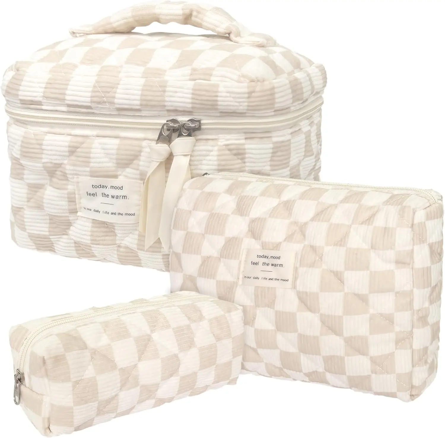3-Piece Coquette Cosmetic Bag Set, Floral Padded Cotton Makeup Organizer Pouches for Women, High-Capacity Toiletry Kit for Travel