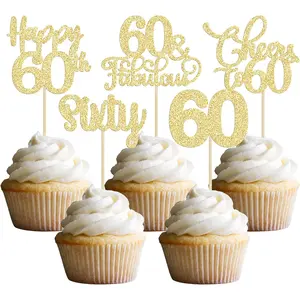 30 Pack Happy 60th Birthday Cupcake Toppers Gold Glitter Sixty Cheers to 60 Years Old Birthday Cupcake Picks for 60th Wedding Anniversary Party Cake Decorations Supplies