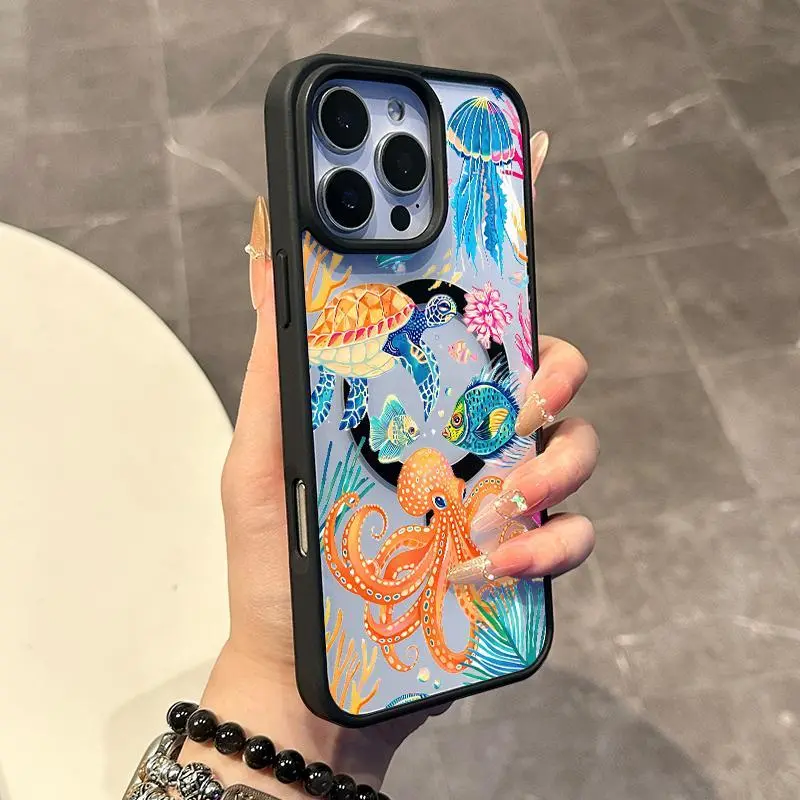 TPU Magnetic Protective Casing for iPhone 11/12/13/14/15/16/17 Pro Max, Girly Octopus Turtle Design Cellphone Case, Anti-Slip, Lightweight Ultra-Thin Phone Decoration Accessories for Daily Use Devices