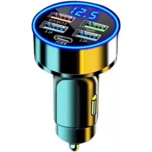 Car Charger 5 Port Cigarette Lighter USB Adapter LED Voltage Monitor (4USB+PD) Cigarette Lighter Adapter USB C Compatible with Android/iPhone and Tablets Devices