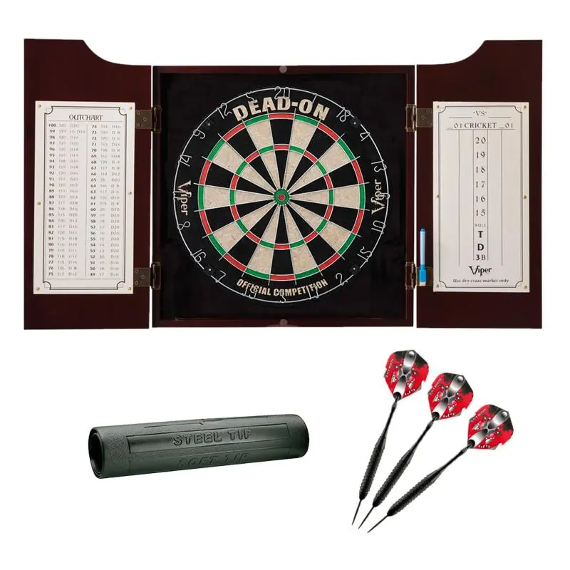Viper 40-0220 Hudson Mahogany Dartboard Cabinet Set with Self-Healing Bristle Board, 22g Dead-On Black Mariah Steel Tip Darts & Vinyl Dart Mat for Game Room Tournament Regulation Play