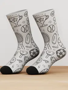 1 Pair Sports Sketch Bamboo Crew Athletic Socks – Hand-Drawn Badminton & Tennis Print Socks, Breathable Gift for Sport Lovers