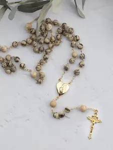 Mother Mary Rosary Locket: Brown Gemstone Catholic Prayer Beads
