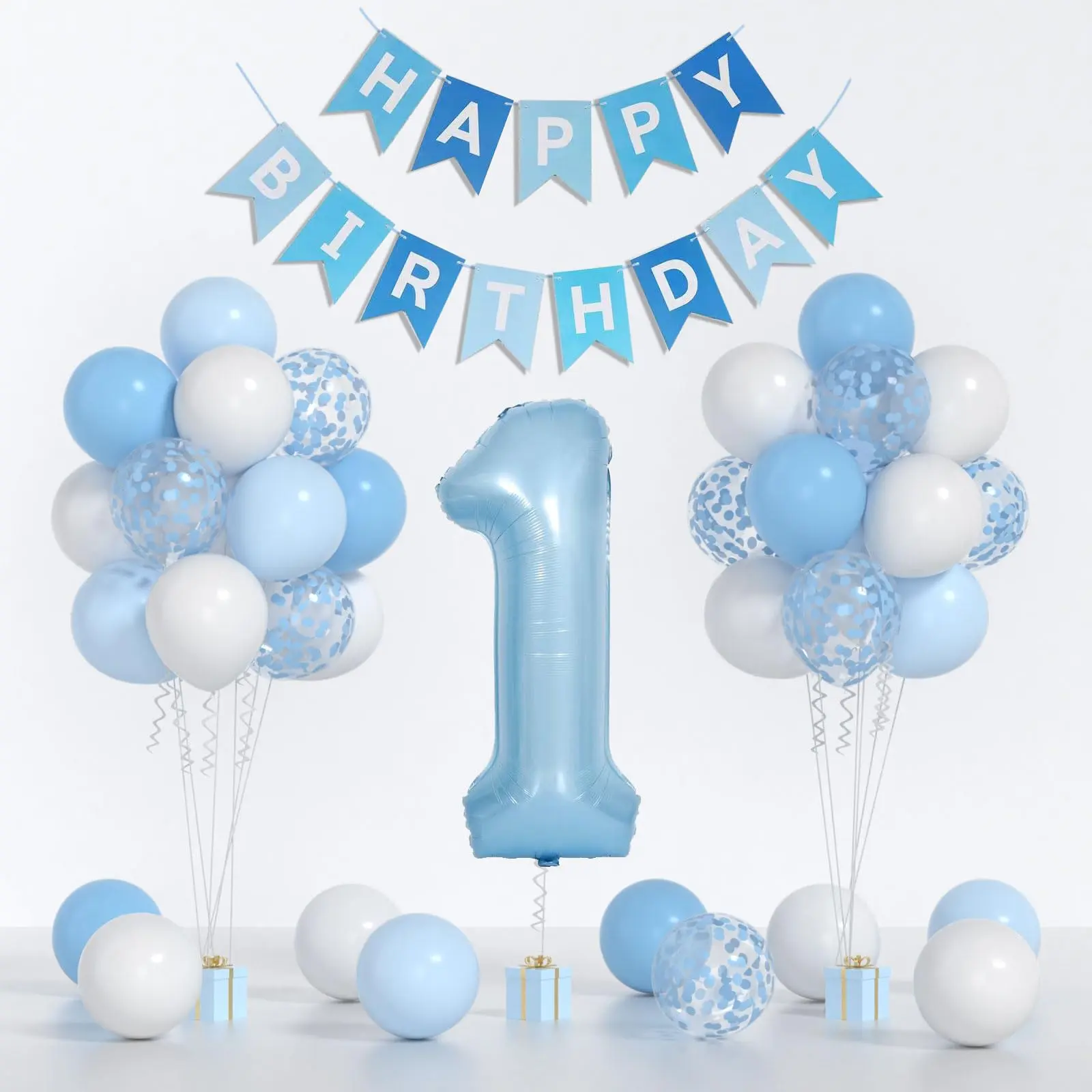 Baby Blue White Balloons & 40inch 1 Balloon, First Birthday Decorations for Boys with Banner