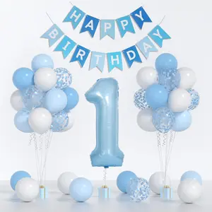 Baby Blue White Balloons & 40inch 1 Balloon, First Birthday Decorations for Boys with Banner