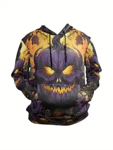 Halloween Monster Pumpkin Hoodie, 3D Print Fleece Pullover, Glow Eyes & Jack Lantern Design, Casual Wear for All Seasons