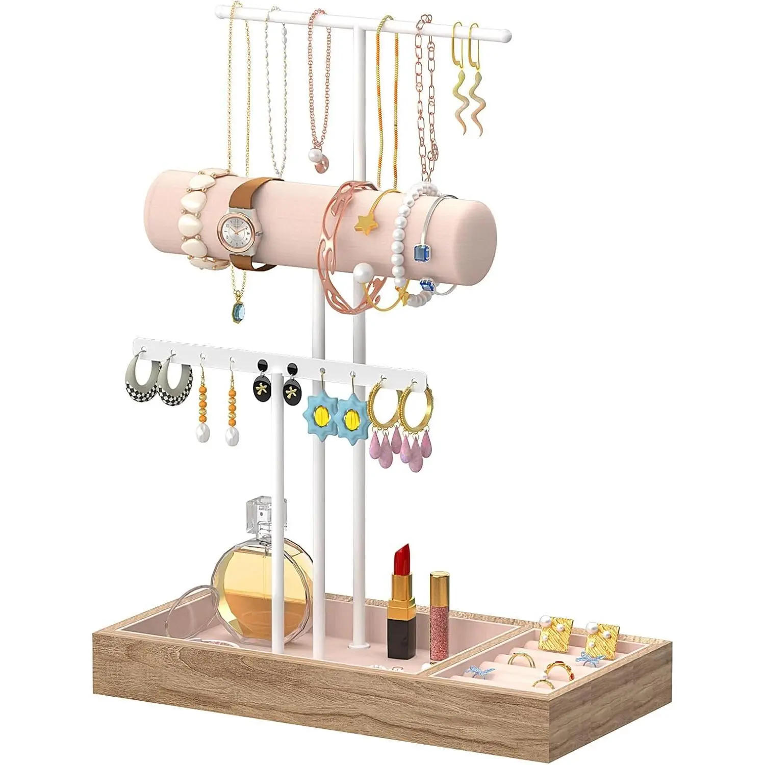 Jewellery Stand Organiser, Jewellery Display Stand Holder with Metal Frame, Earring Organiser Necklace Holder, Gift Idea, White