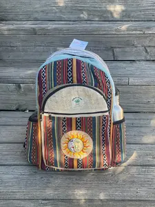 Hippie Backpack - Sun Moon Embroidery LARGE Himalayan Hemp, Boho Style, Cute Design, Ideal for Hiking, Valentine Gift