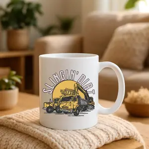 Slingin Dirt Excavator Mug, Funny Heavy Equipment Operator Coffee Mug, Construction Truck Ceramic Cup, Gift for Excavator Drivers