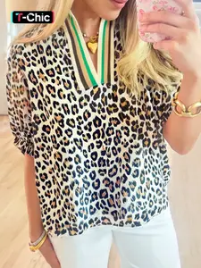 Hotapei Summer Casual Leopard Print Colorblock Striped V-Neck Mid-Sleeve Loose Shirt, Blouse, Women's Fashion Top, Casual Clothing, Womenswear, Comfortable and Stylish