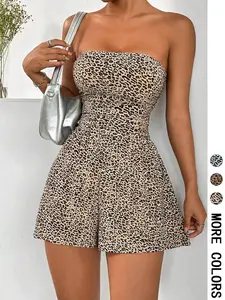 Women's Leopard Print Tube Romper, Leopard Print Jumpsuit, Casual Fitted Fashion Sleeveless Romper for Summer, Lady Clothes for Daily Wear, Athletic Workout Romper, Womenswear