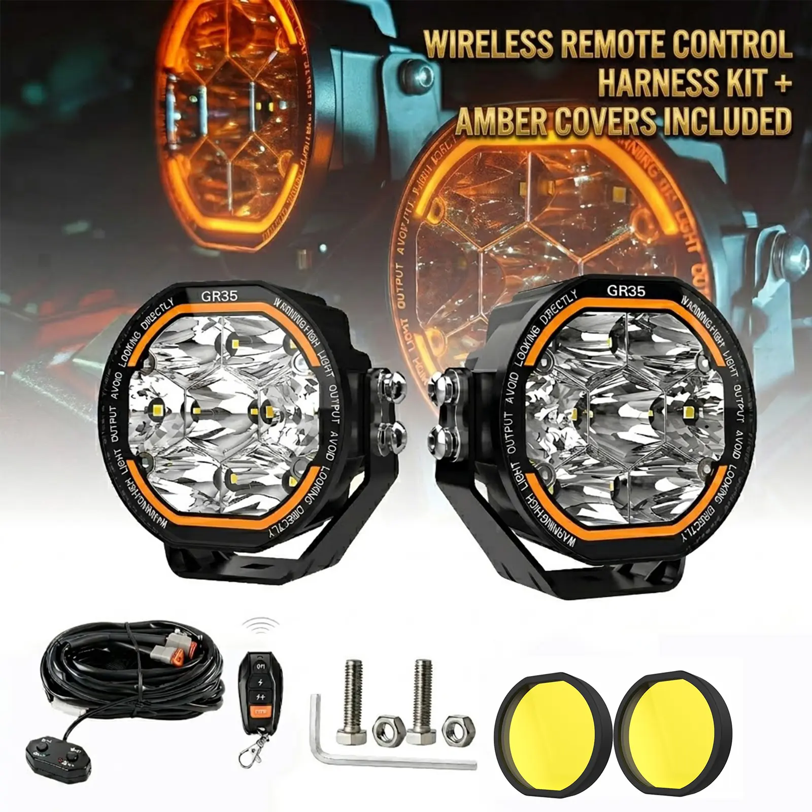 BLUEMOTOR 3.5" LED Light Pods with Remote Wiring Harness, 66W Spot Flood Combo Driving Lights with Amber DRL, IP68 Waterproof Off-Road Work Lights for Trucks UTV ATV (2 Pack)