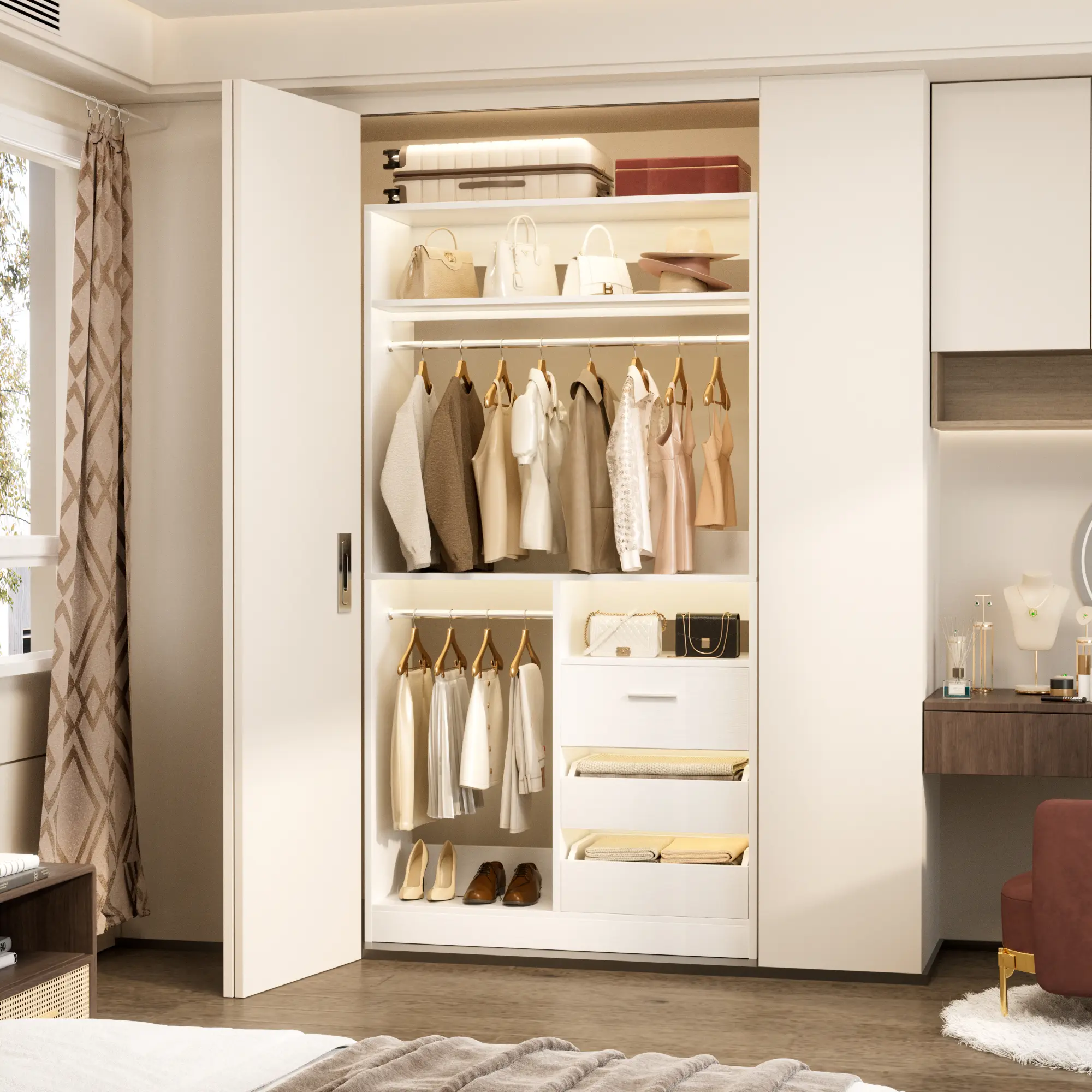 Freestanding 36'' W Closet System with 3 Wooden Drawers and 2 Hanging Rods,Sturdy Walk-in Closet Organizer System Wardrobe Rack with Storage Shelves
