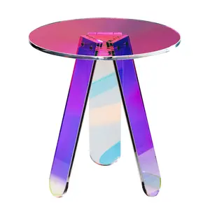 Round Iridescent Acrylic Side Table, Transparent Rainbow End Table And Accent Coffee Table For Living Room, Bedroom, And Study; Clear Glass-Like Surface For Drinks, Snacks, Laptop, Books, And Decorative Accessories