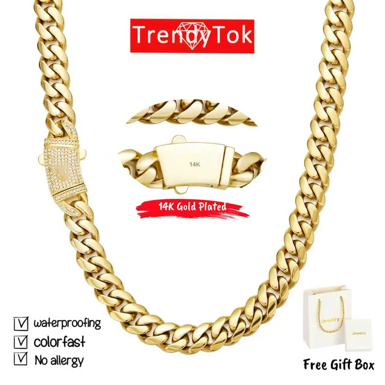 TrendyTok Jewelry Cuban Link Chain Necklace 14K Gold Plated Waterproof No Tarnish No Fade 316L Stainless Steel Miami Hip Hop Jewelry for Men Women Gift 6mm 8mm 10mm 12mm 14mm tiktokshopspringglowup summervibes  mothers day gift
