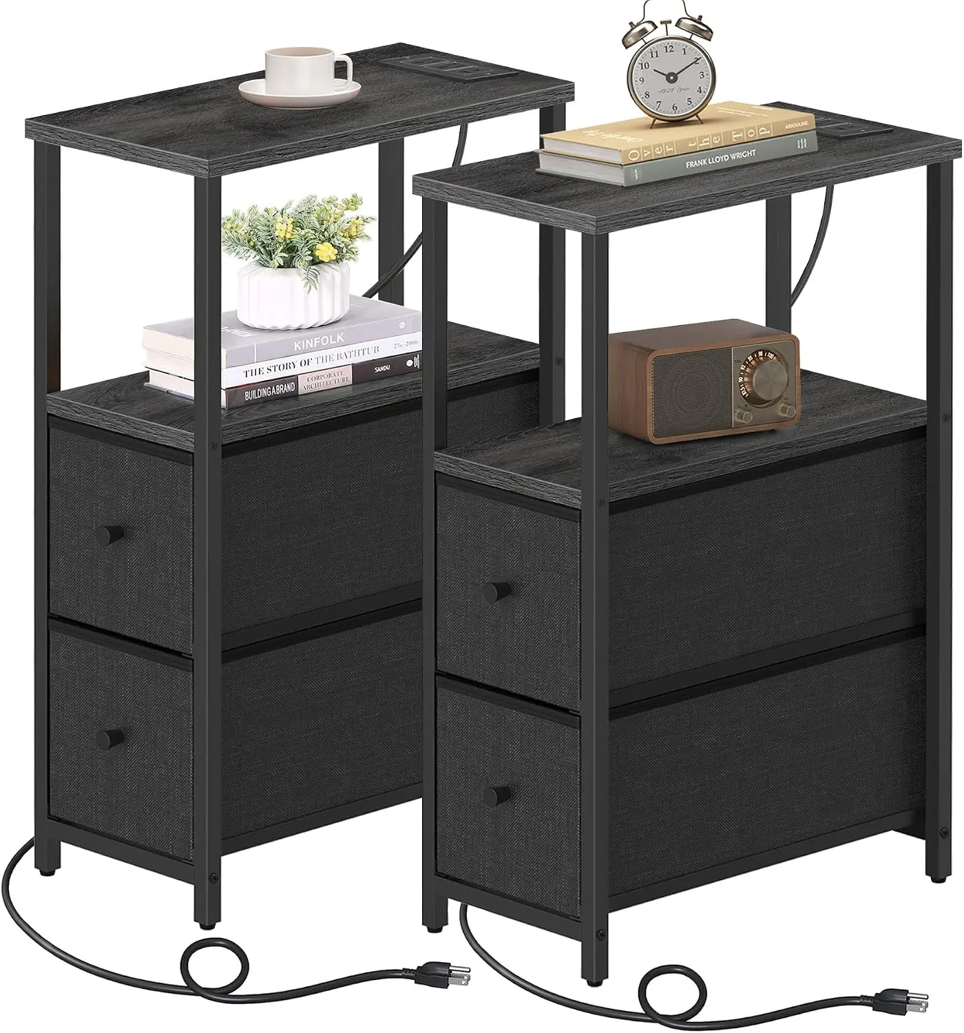 TUTOTAK Narrow End Table with Charging Station - MDF Wood Skinny Side Table with Charging Ports, Easy for Modern Home Decor