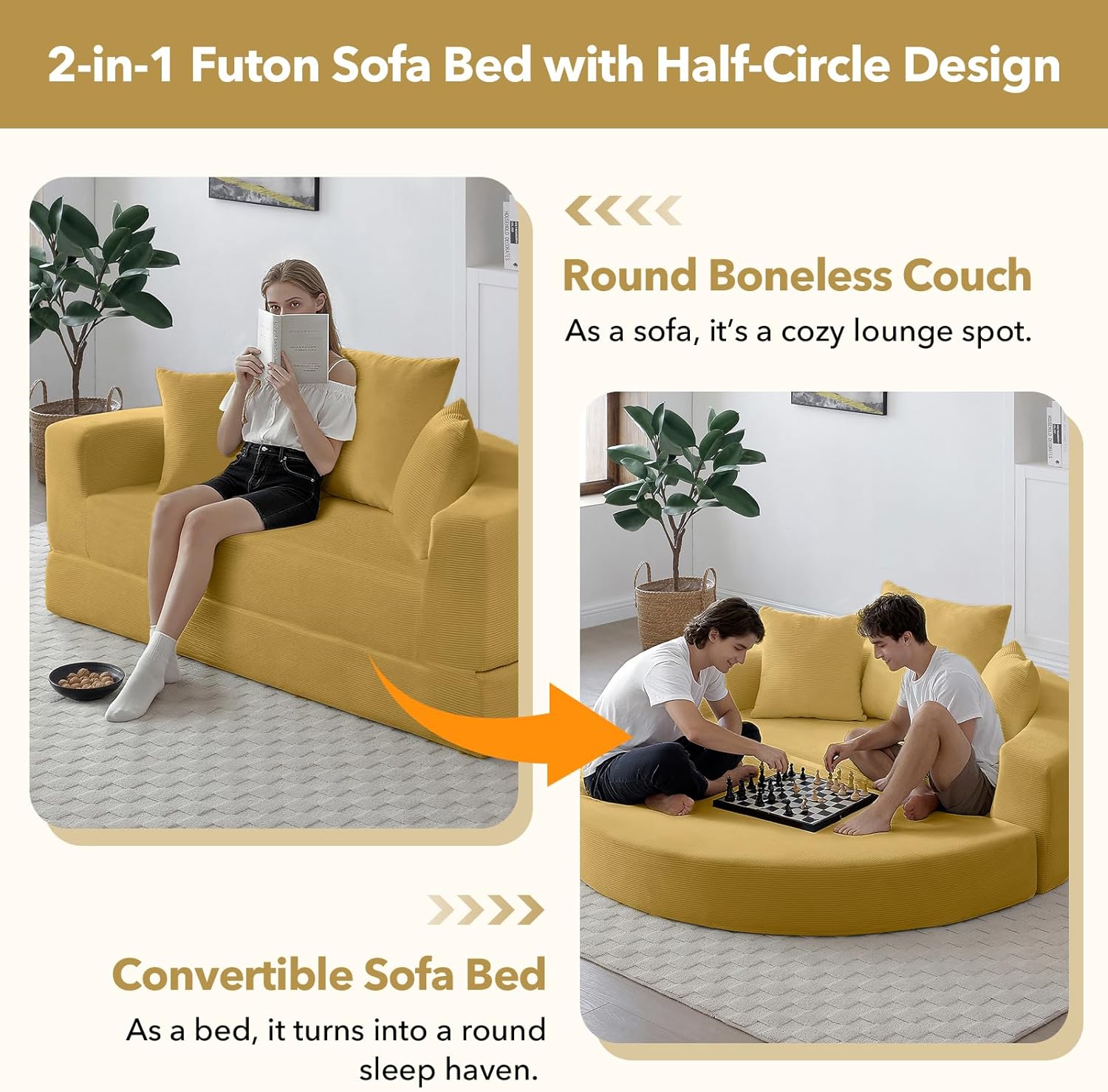 Round Convertible Sleeper Sofa Bed Folding Couch Chenille Foldable Floor Couch Bed with Armrest and Pillows, 67" Boneless Sofa Sleeper for Living Room, Apartment, Dorm, Small Spaces