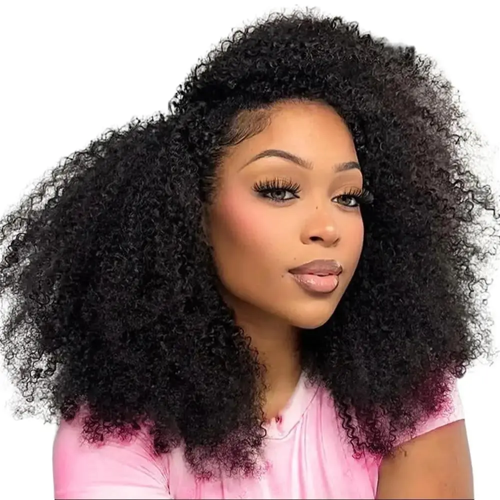 【Wear Go Half Wig】Coily Curly 3 in 1 Glueless Half Wig Human Hair Afro Curly Hair for Black Women 18 Inch Kinky Curly 200% Density Full Head Clip-in No Glue Required Natural Look #halfwigcurlyhair#wigshumanhair