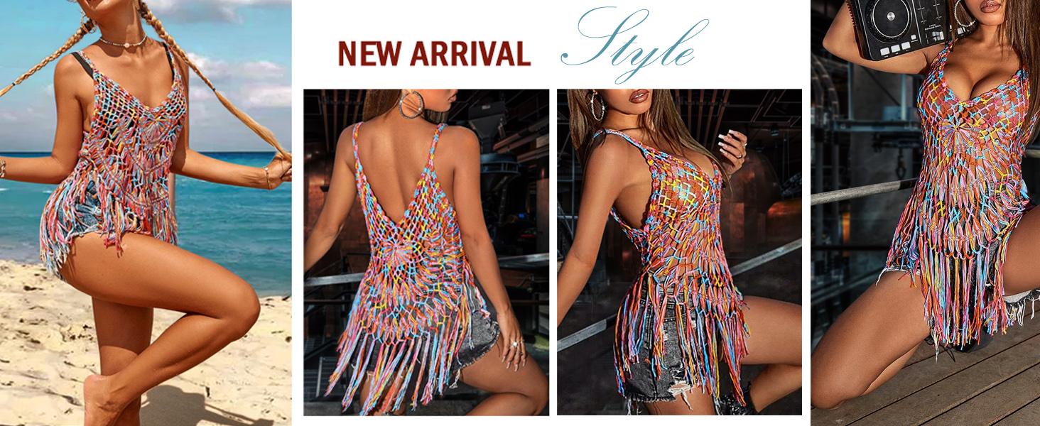 EKOUAER handcrafted knitwear Beach Swimsuit Cover Up Women Crochet Bikini Coverups Summer Pool Swimwear Tassel Dress