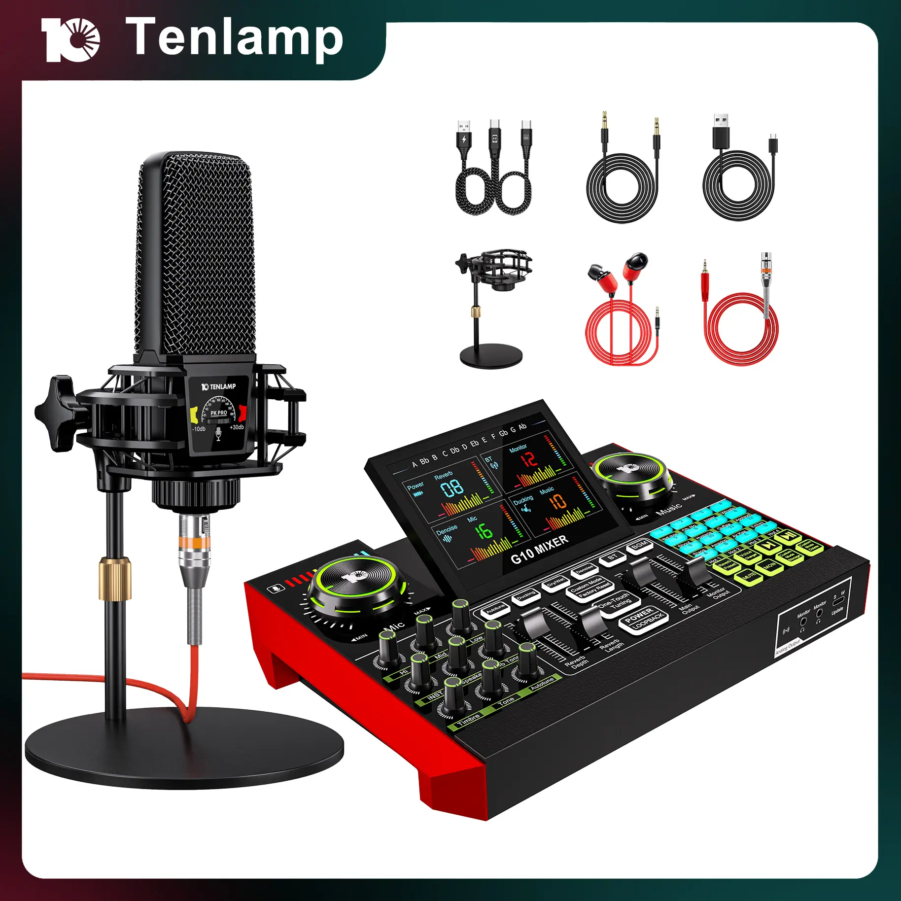 Tenlamp G10-PK PRO Sound Card Bundle - Built-In Mixer, USB Audio Mixer, Sound Board, Condenser Microphone, Customizable Effects, Dual-Stage Noise Reduction for Live Streaming, Recording