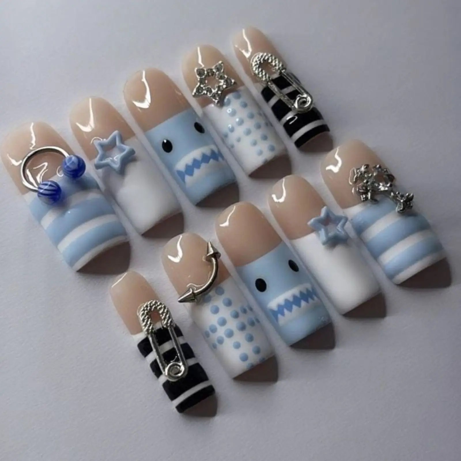 2000s Aesthetic Fake Nails | Y2K Sailor Press On Nails | Nautical Blue White Nail Set | Short Coffin Nails