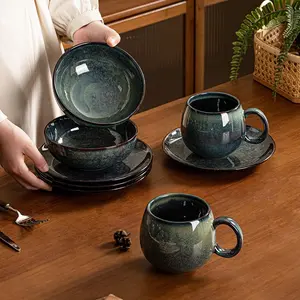 4-piece ceramic tableware set, Western style tableware, crystal green, fog green, two tone optional, suitable for 1 person, kiln turned ceramic tableware, including steak plate, salad bowl, cup, microwave safe, machine washable, Ceramic Dinnerware Set