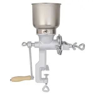 Manual Hand Crank Grain Grinder, Home Use Corn Wheat Mill with Clamp, Stainless Steel Hopper, Silver Cast Iron Corn Grain Mill for Coffee, Spices and Nuts